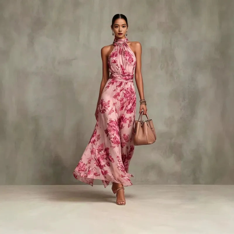 Ava — Elegant Halterneck Maxi Dress with Floral Print