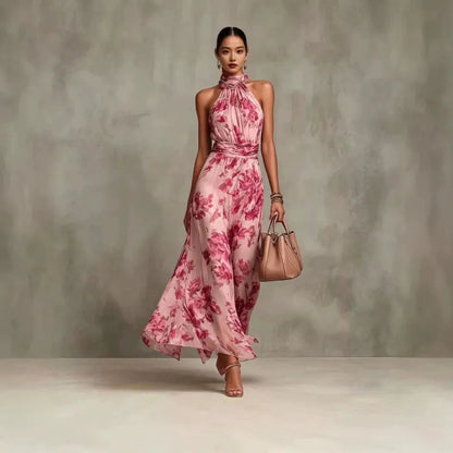 Ava — Elegant Halterneck Maxi Dress with Floral Print