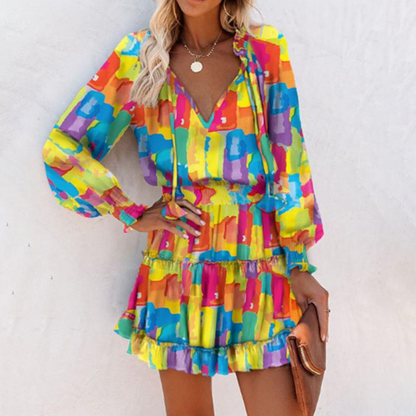 Lena – Women's V-Neck Mini Dress with Ruffle Hem and Waist Shaping