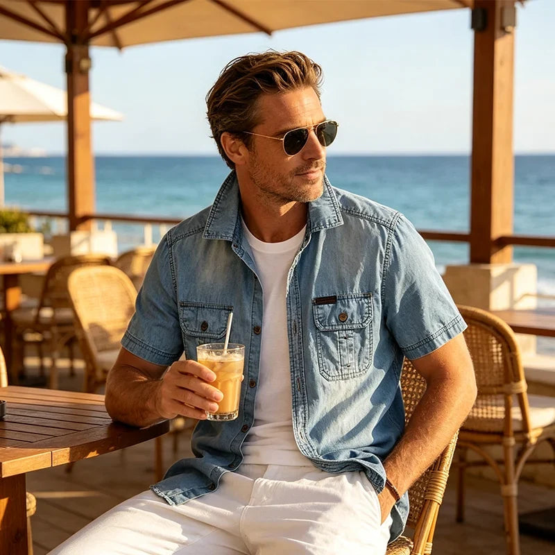 Eddie — Men’s Cotton Blend Denim Shirt with Chest Pockets