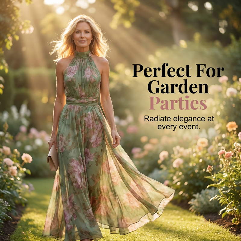 Ava — Elegant Halterneck Maxi Dress with Floral Print