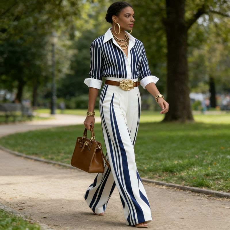 Ava – Slimming Women's Two-Piece Set with Vertical Stripes