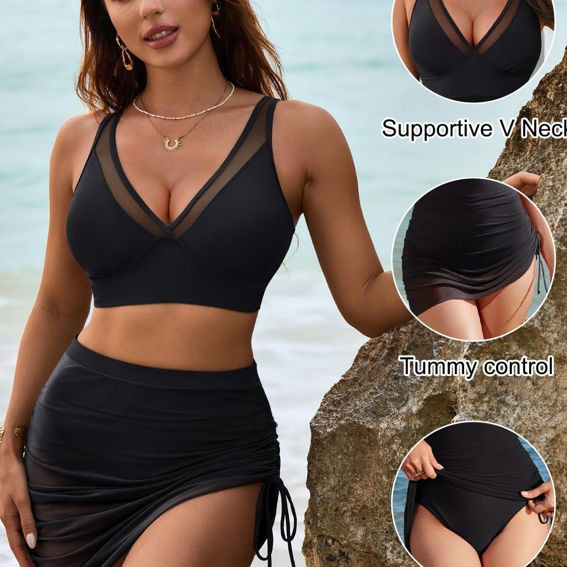 Aya – Women's High-Waist Bikini Set with Mesh and Tummy Control