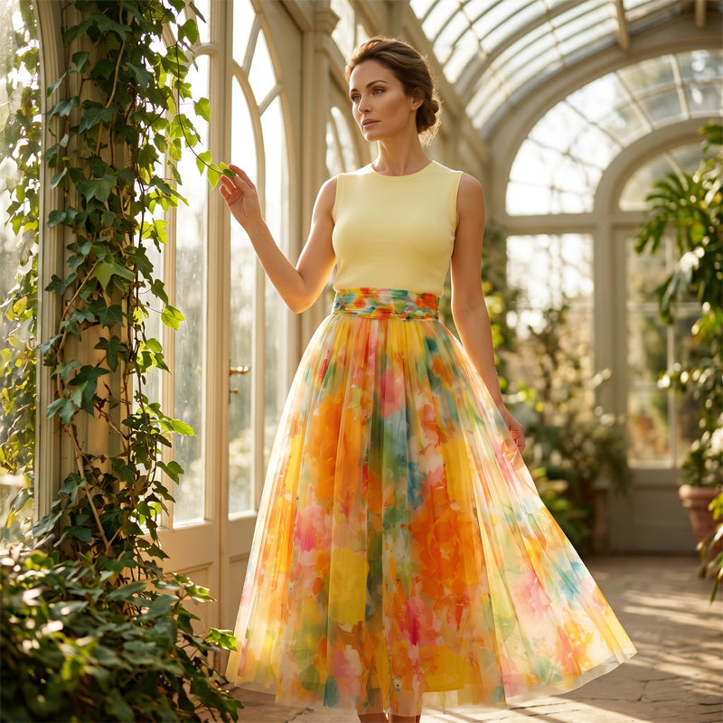 Liana — Women’s Hand-Painted Floral Tulle Skirt with Breathable Comfort