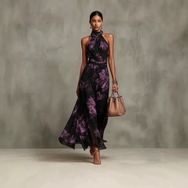 Ava — Elegant Halterneck Maxi Dress with Floral Print