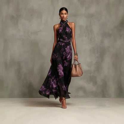 Ava — Elegant Halterneck Maxi Dress with Floral Print