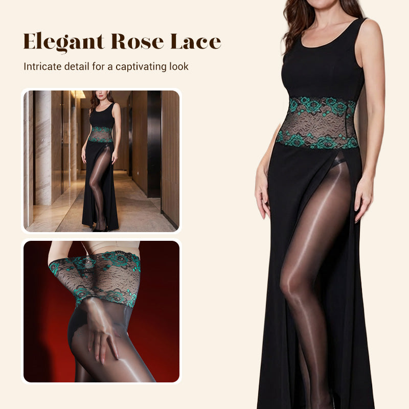 Rose – High-waisted mesh stockings with 3D rose embroidery