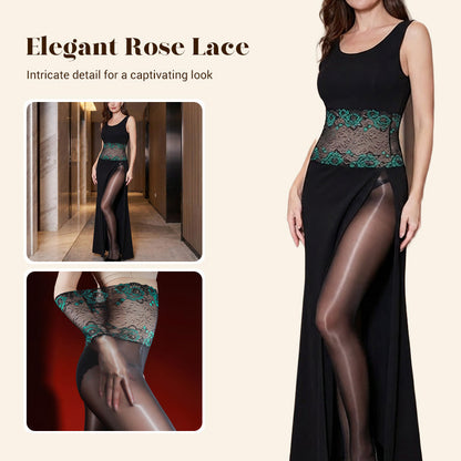 Rose – High-waisted mesh stockings with 3D rose embroidery