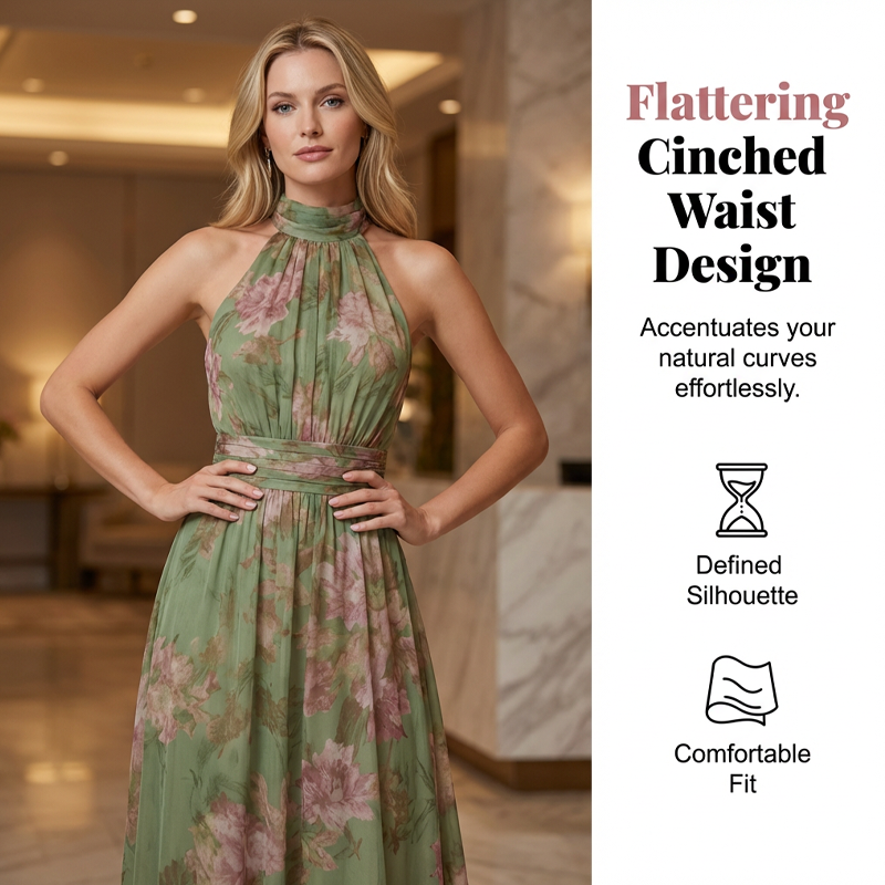 Ava — Elegant Halterneck Maxi Dress with Floral Print