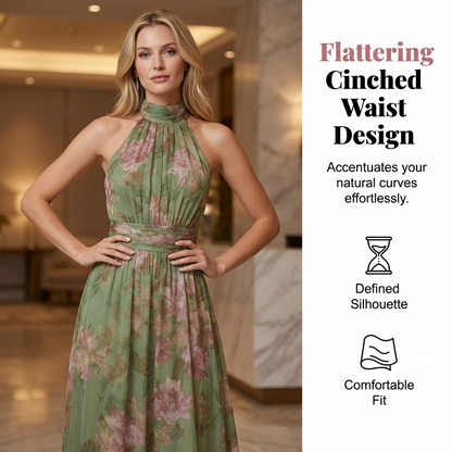 Ava — Elegant Halterneck Maxi Dress with Floral Print
